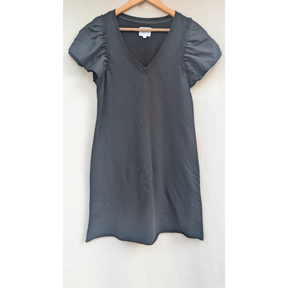 Sundays Puff Sleeve Mini Dress Womens 1 Black Cotton French Terry V Neck Casual